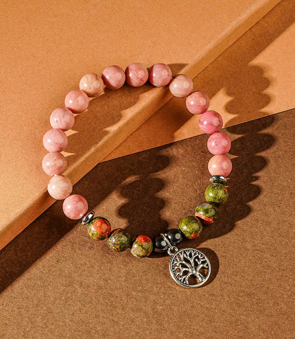 Rhodochrosite & Unakite Bracelet with Tree of Life Charm