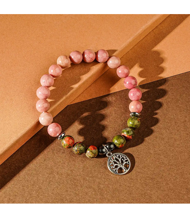 Rhodochrosite & Unakite Bracelet with Tree of Life Charm