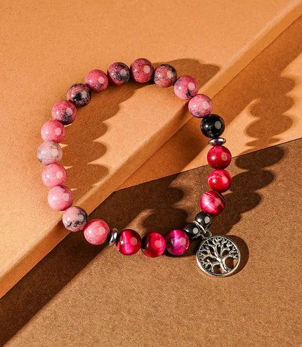 Rhodonite & Pink Tiger Eye Bracelet with Tree of Life Charm