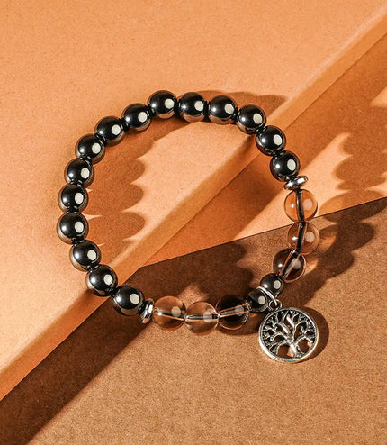 Hematite & Smokey Quartz Bracelet with Tree of Life Charm