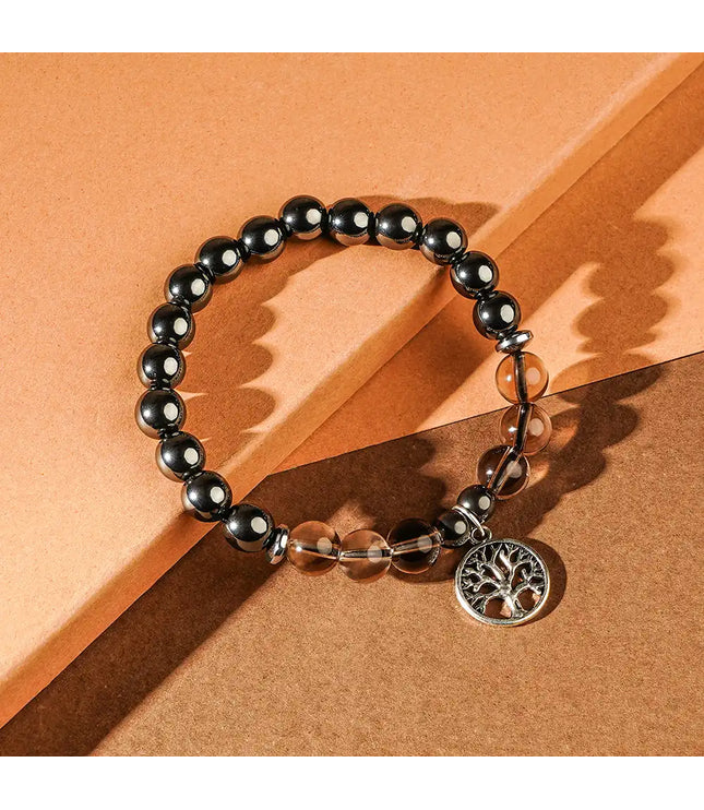 Hematite & Smokey Quartz Bracelet with Tree of Life Charm