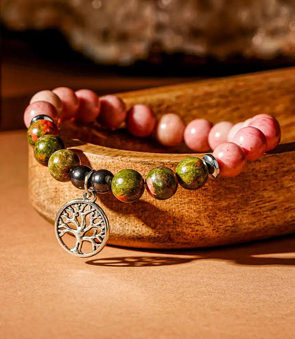 Rhodochrosite & Unakite Bracelet with Tree of Life Charm