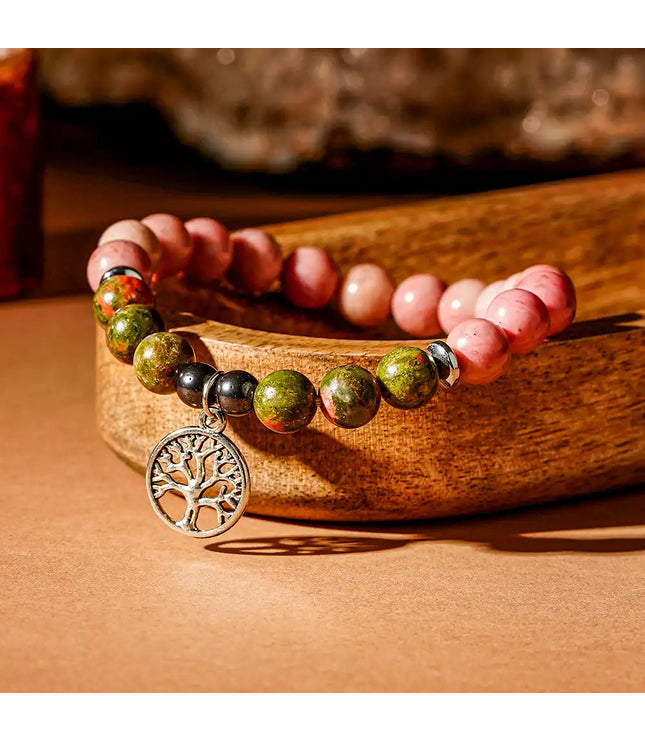 Rhodochrosite & Unakite Bracelet with Tree of Life Charm