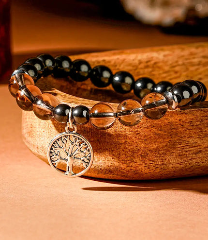 Hematite & Smokey Quartz Bracelet with Tree of Life Charm