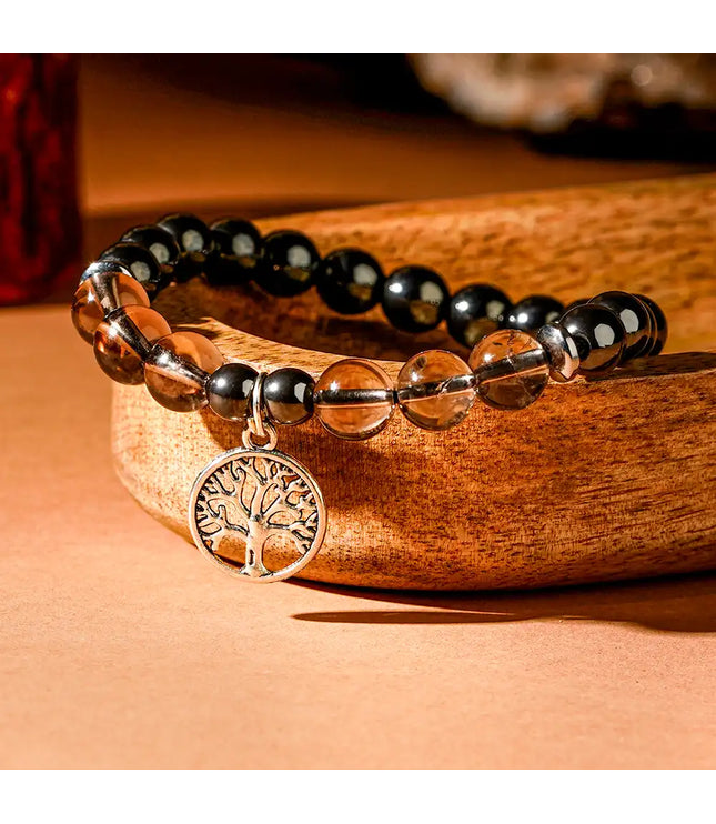 Hematite & Smokey Quartz Bracelet with Tree of Life Charm