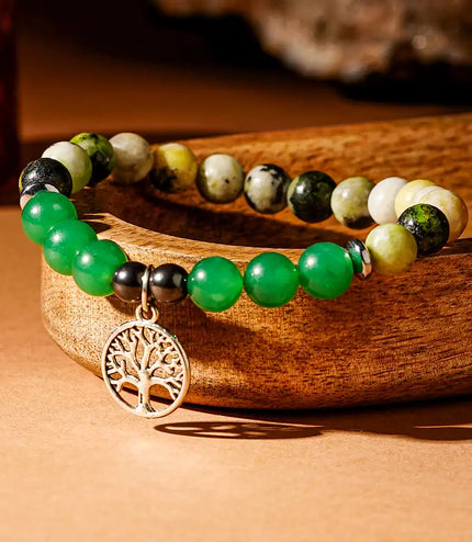 Serpentine & Green Aventurine Bracelet with Tree of Life Charm