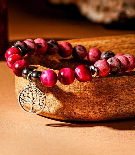 Rhodonite & Pink Tiger Eye Bracelet with Tree of Life Charm