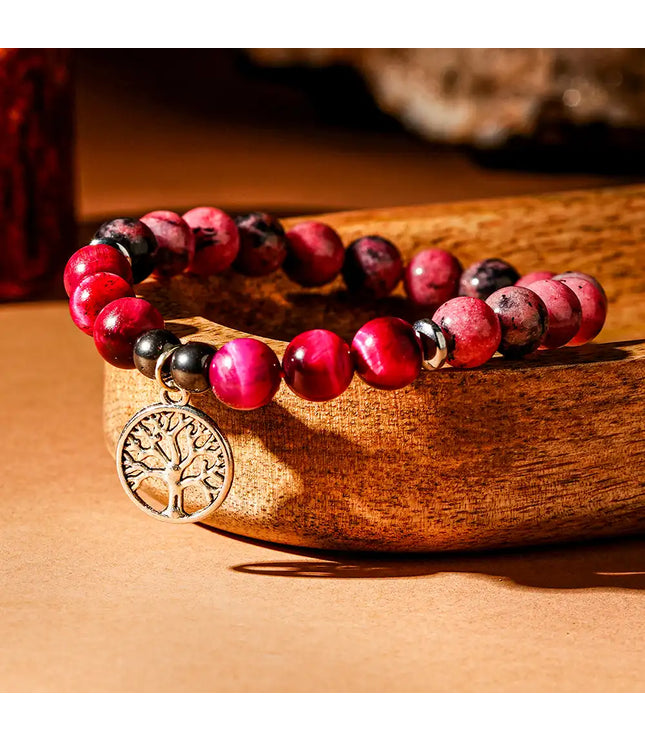Rhodonite & Pink Tiger Eye Bracelet with Tree of Life Charm