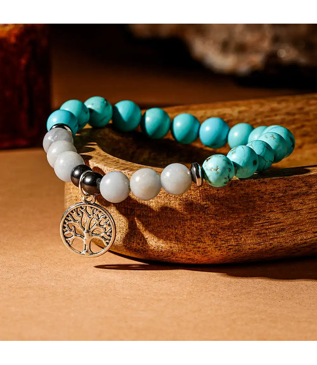 Turquoise & Angelite Bracelet with Tree of Life Charm