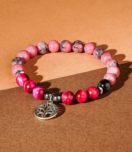 Rhodonite & Pink Tiger Eye Bracelet with Tree of Life Charm