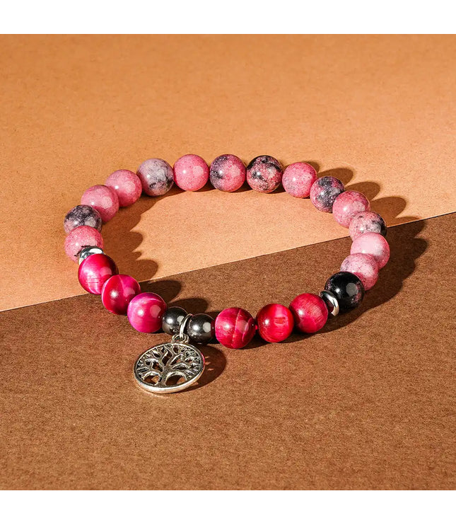Rhodonite & Pink Tiger Eye Bracelet with Tree of Life Charm