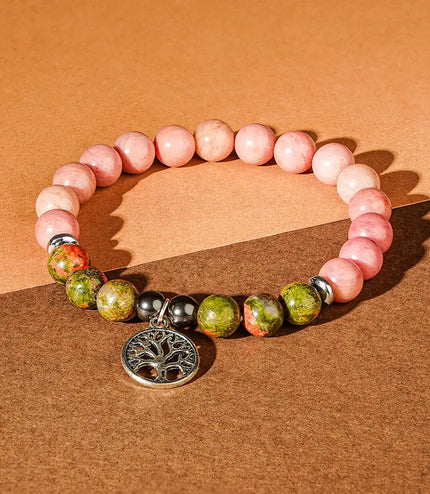 Rhodochrosite & Unakite Bracelet with Tree of Life Charm