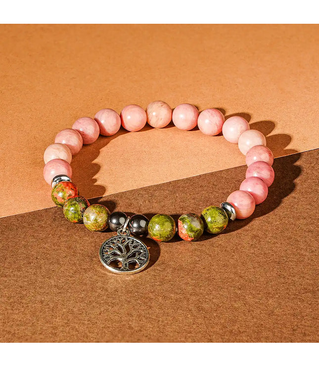 Rhodochrosite & Unakite Bracelet with Tree of Life Charm