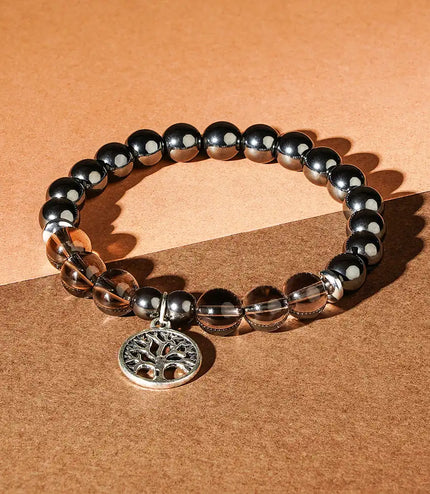 Hematite & Smokey Quartz Bracelet with Tree of Life Charm