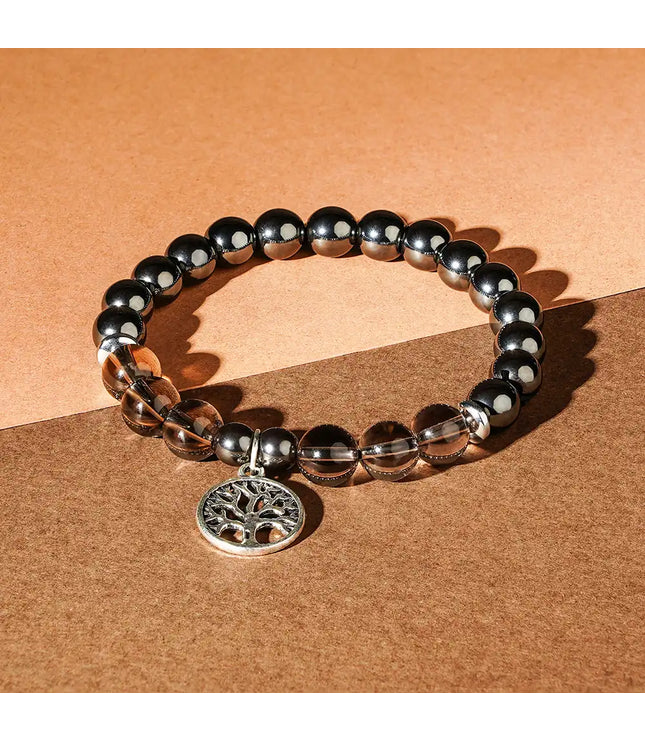 Hematite & Smokey Quartz Bracelet with Tree of Life Charm