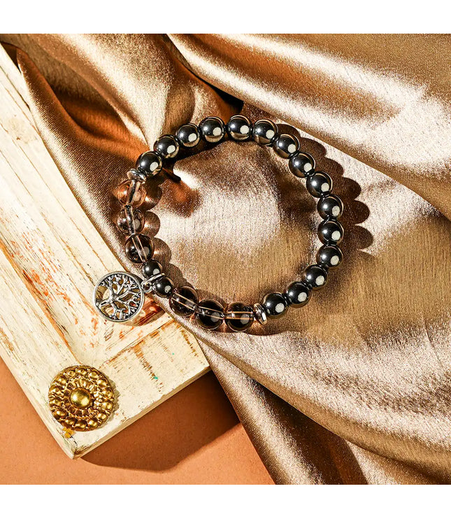 Hematite & Smokey Quartz Bracelet with Tree of Life Charm
