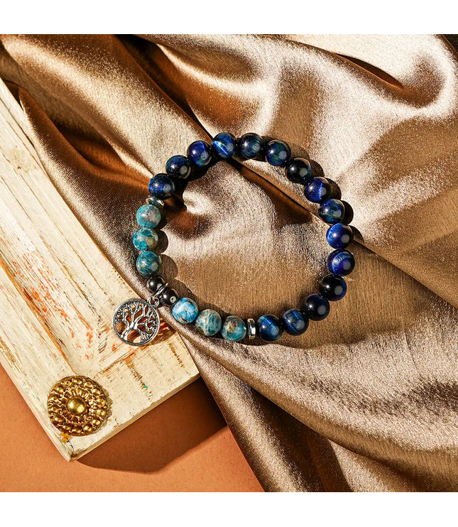 Blue Tiger Eye & Appatite Bracelet with Tree of Life Charm