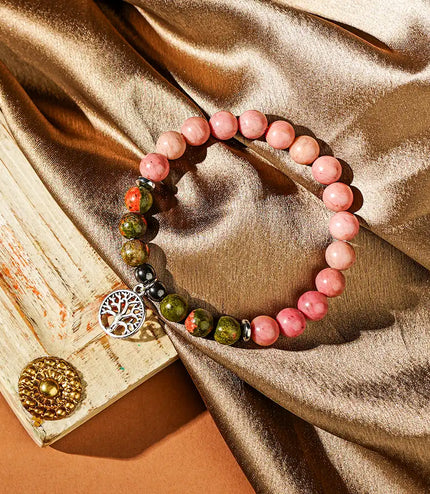 Rhodochrosite & Unakite Bracelet with Tree of Life Charm