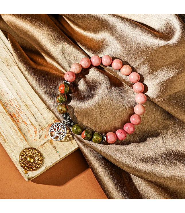 Rhodochrosite & Unakite Bracelet with Tree of Life Charm