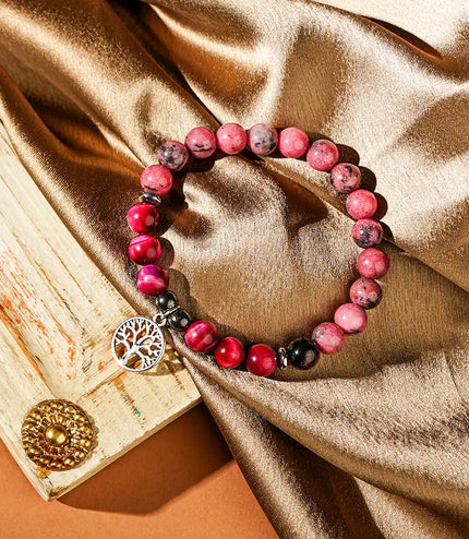 Rhodonite & Pink Tiger Eye Bracelet with Tree of Life Charm