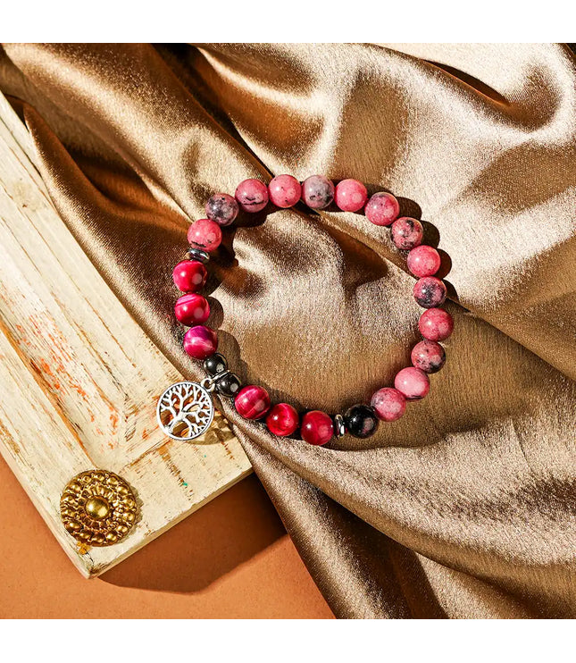 Rhodonite & Pink Tiger Eye Bracelet with Tree of Life Charm