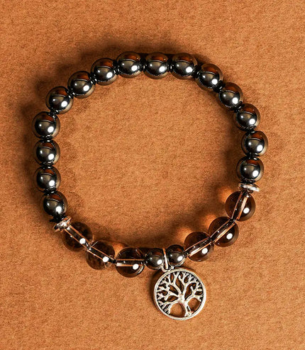 Hematite & Smokey Quartz Bracelet with Tree of Life Charm