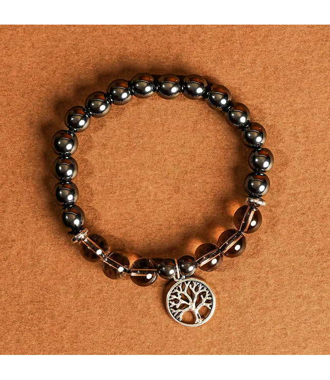 Hematite & Smokey Quartz Bracelet with Tree of Life Charm
