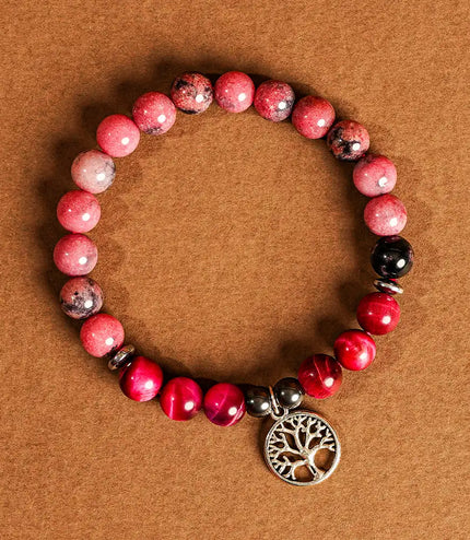 Rhodonite & Pink Tiger Eye Bracelet with Tree of Life Charm