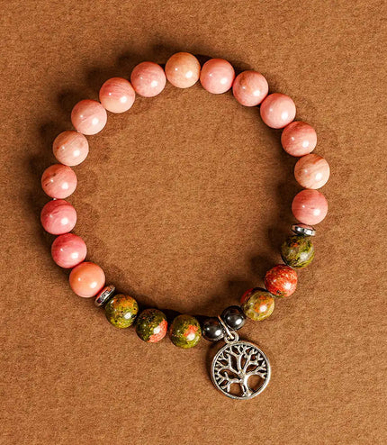 Rhodochrosite & Unakite Bracelet with Tree of Life Charm