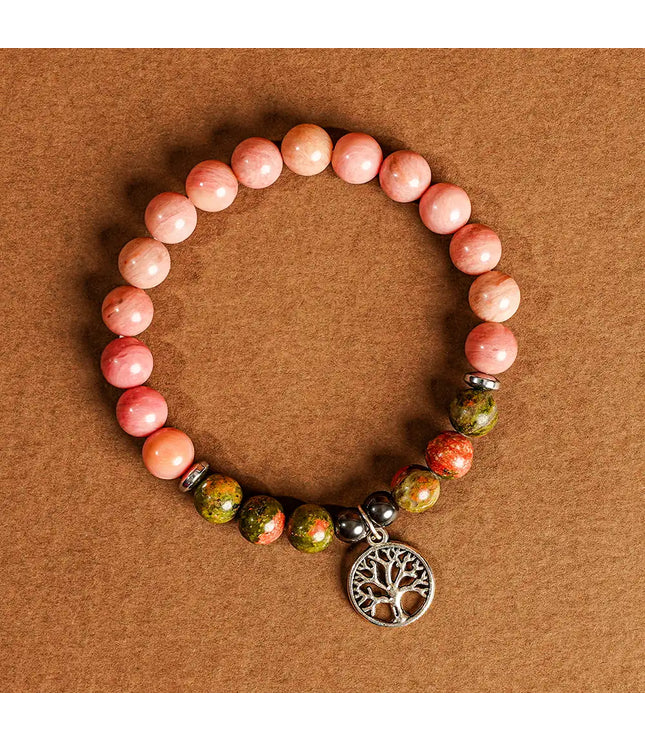 Rhodochrosite & Unakite Bracelet with Tree of Life Charm