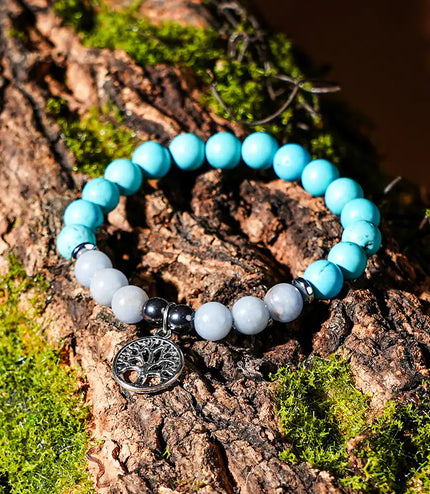 Turquoise & Angelite Bracelet with Tree of Life Charm