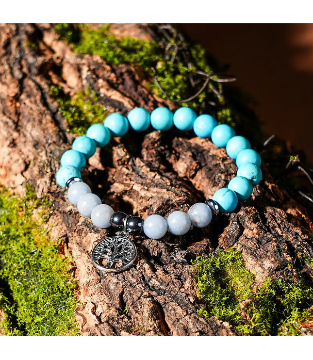 Turquoise & Angelite Bracelet with Tree of Life Charm