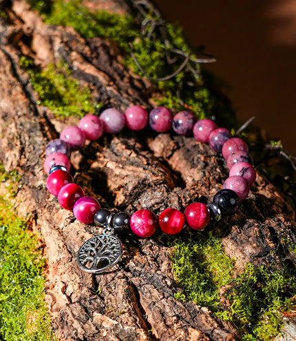 Rhodonite & Pink Tiger Eye Bracelet with Tree of Life Charm