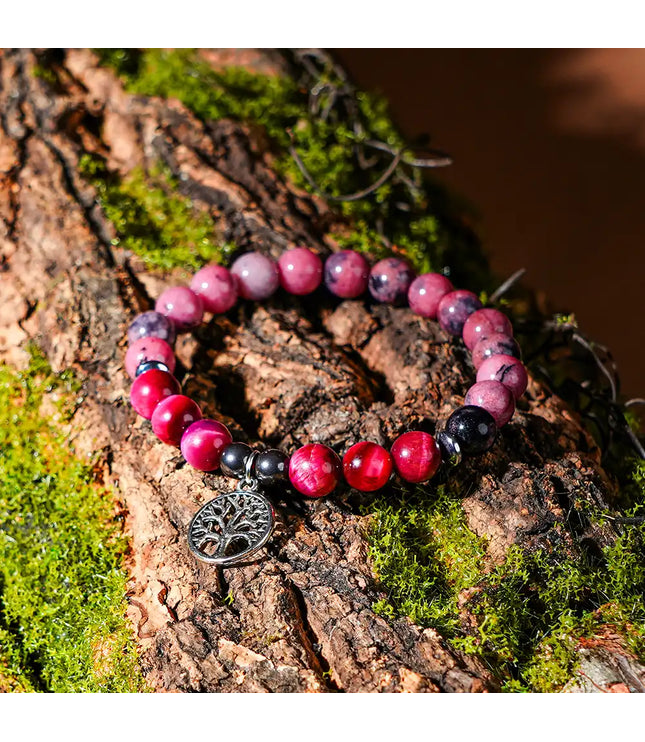 Rhodonite & Pink Tiger Eye Bracelet with Tree of Life Charm