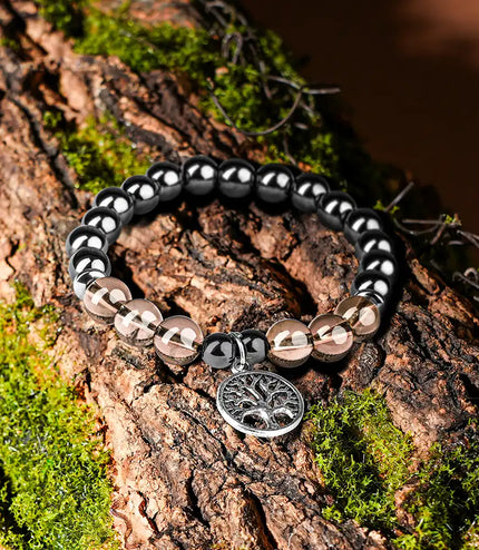 Hematite & Smokey Quartz Bracelet with Tree of Life Charm