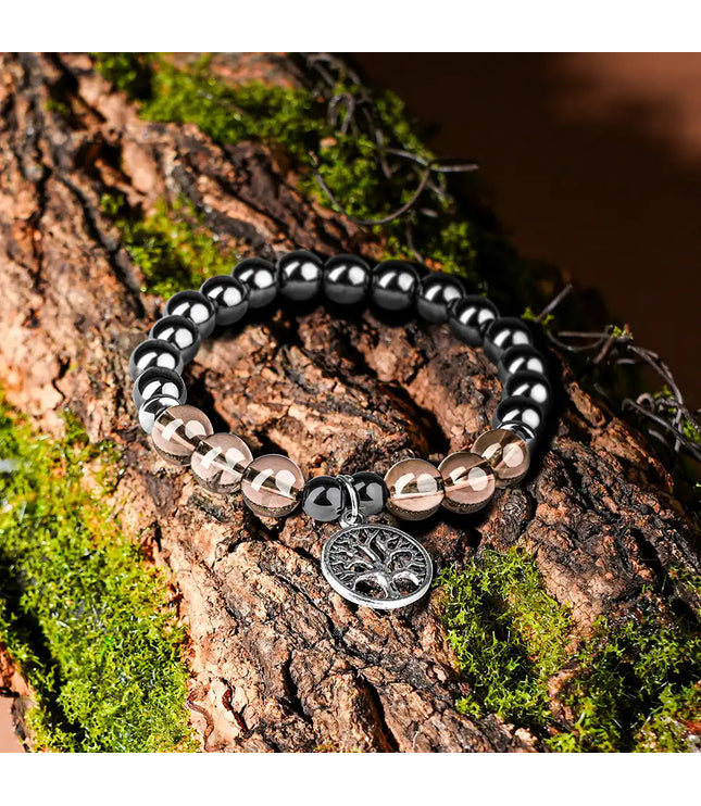 Hematite & Smokey Quartz Bracelet with Tree of Life Charm