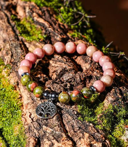 Rhodochrosite & Unakite Bracelet with Tree of Life Charm