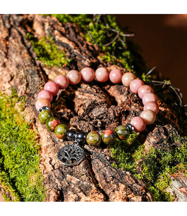 Rhodochrosite & Unakite Bracelet with Tree of Life Charm