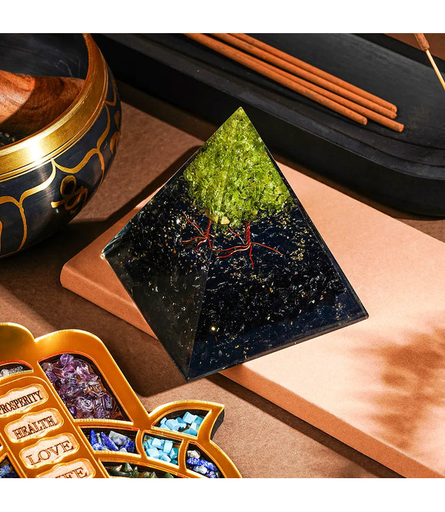 Black Tourmaline & Peridot Tree of Life Pyramid