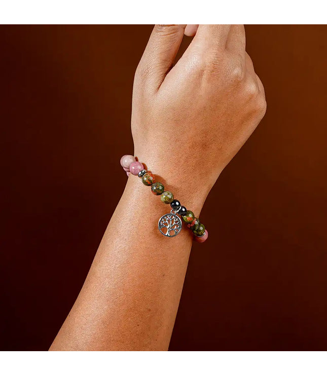 Rhodochrosite & Unakite Bracelet with Tree of Life Charm