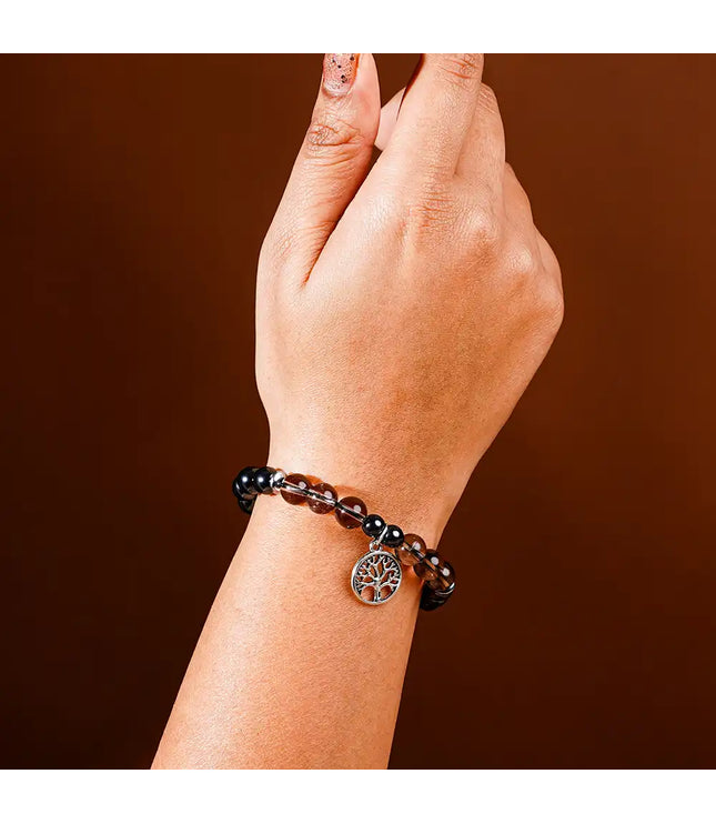 Hematite & Smokey Quartz Bracelet with Tree of Life Charm