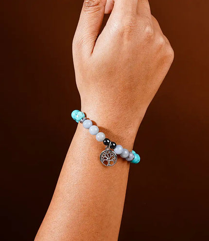 Turquoise & Angelite Bracelet with Tree of Life Charm